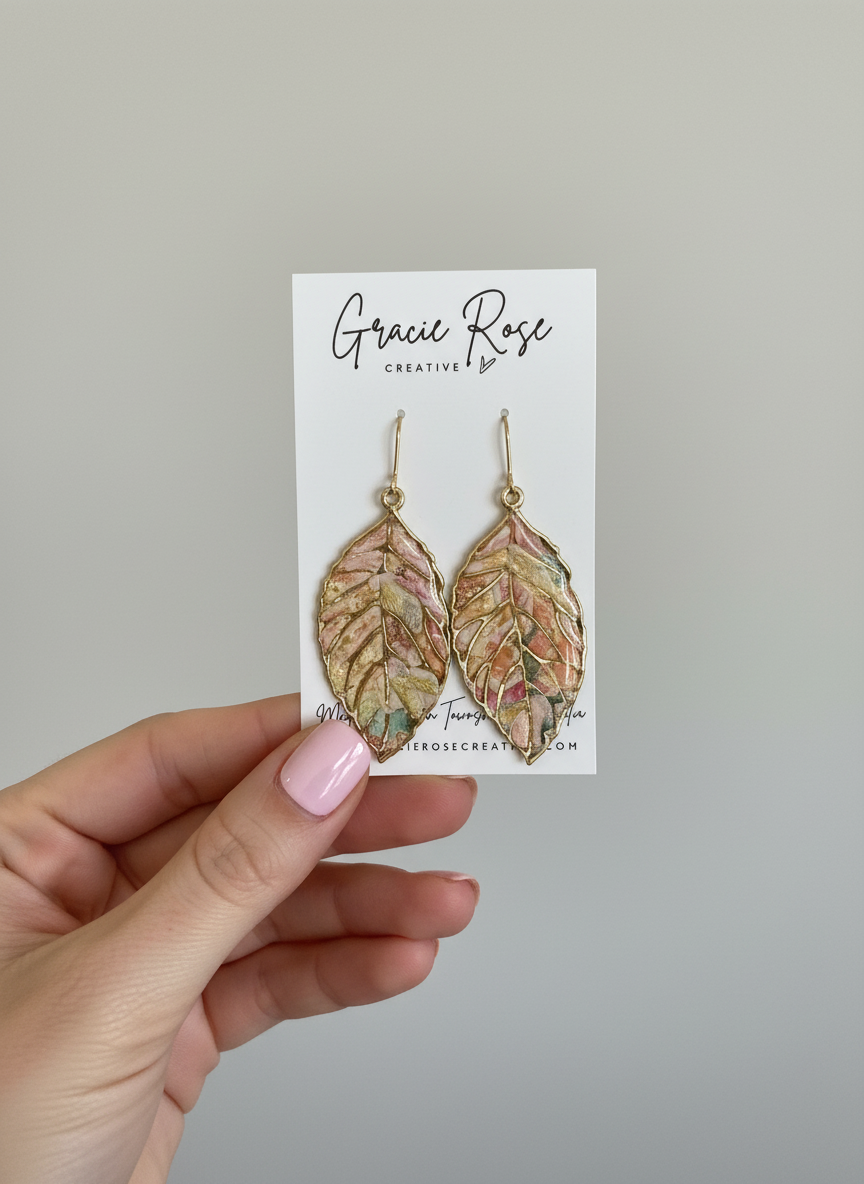 Gilded Leaves pastel earrings by Gracie Rose Creative, showcasing unique handmade features and hypoallergenic hooks.