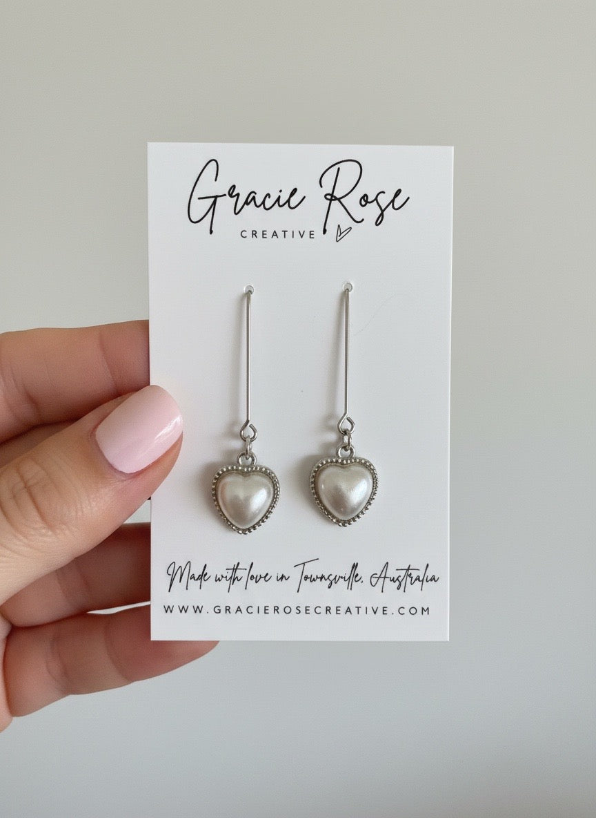 Silver Pearl Heart Drops