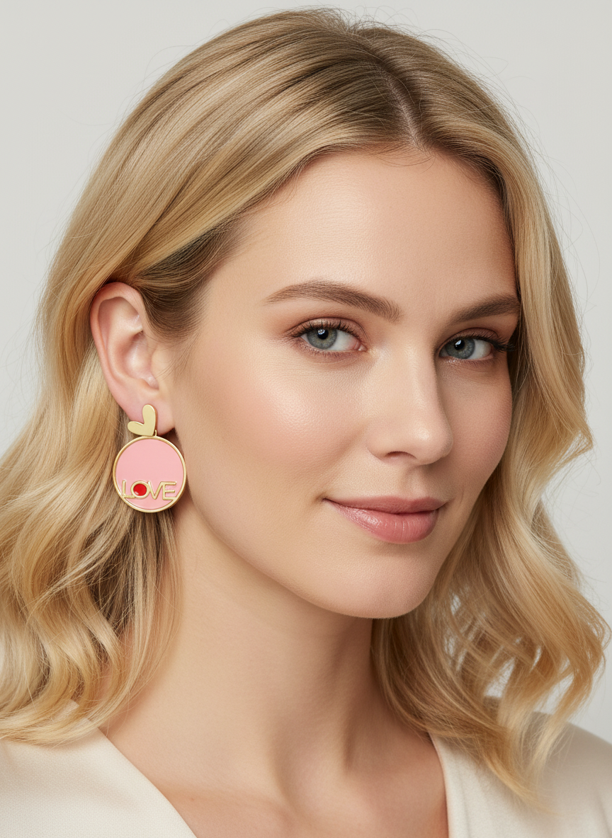 Model wearing Love You Drops earrings by Gracie Rose Creative, showcasing the blush pink drop earrings with stylish LOVE design.