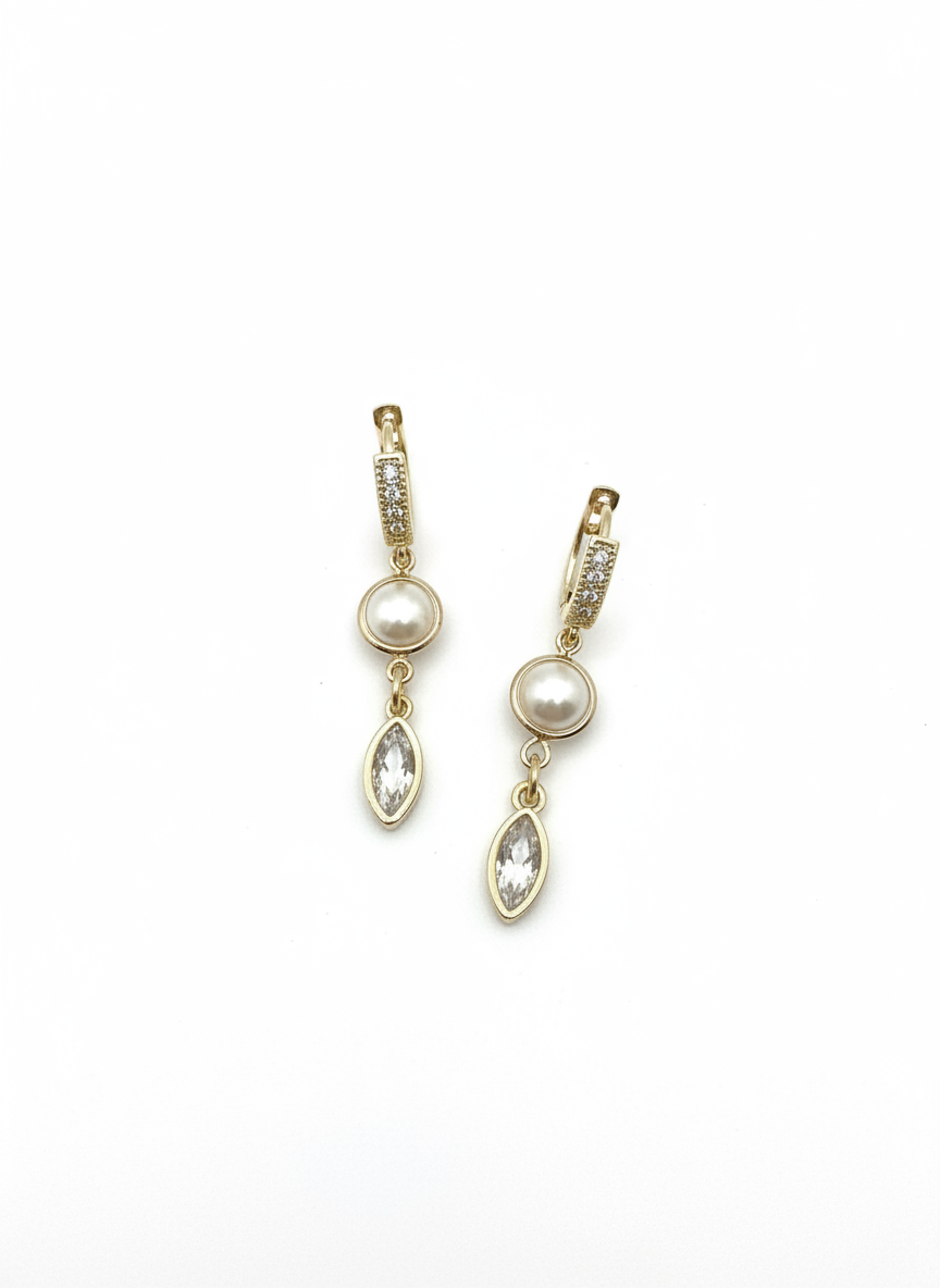 Stylish Pearl Luxe Drops huggie earrings from Gracie Rose Creative, featuring luminous pearls and sparkling crystal drops on a gold plated design.