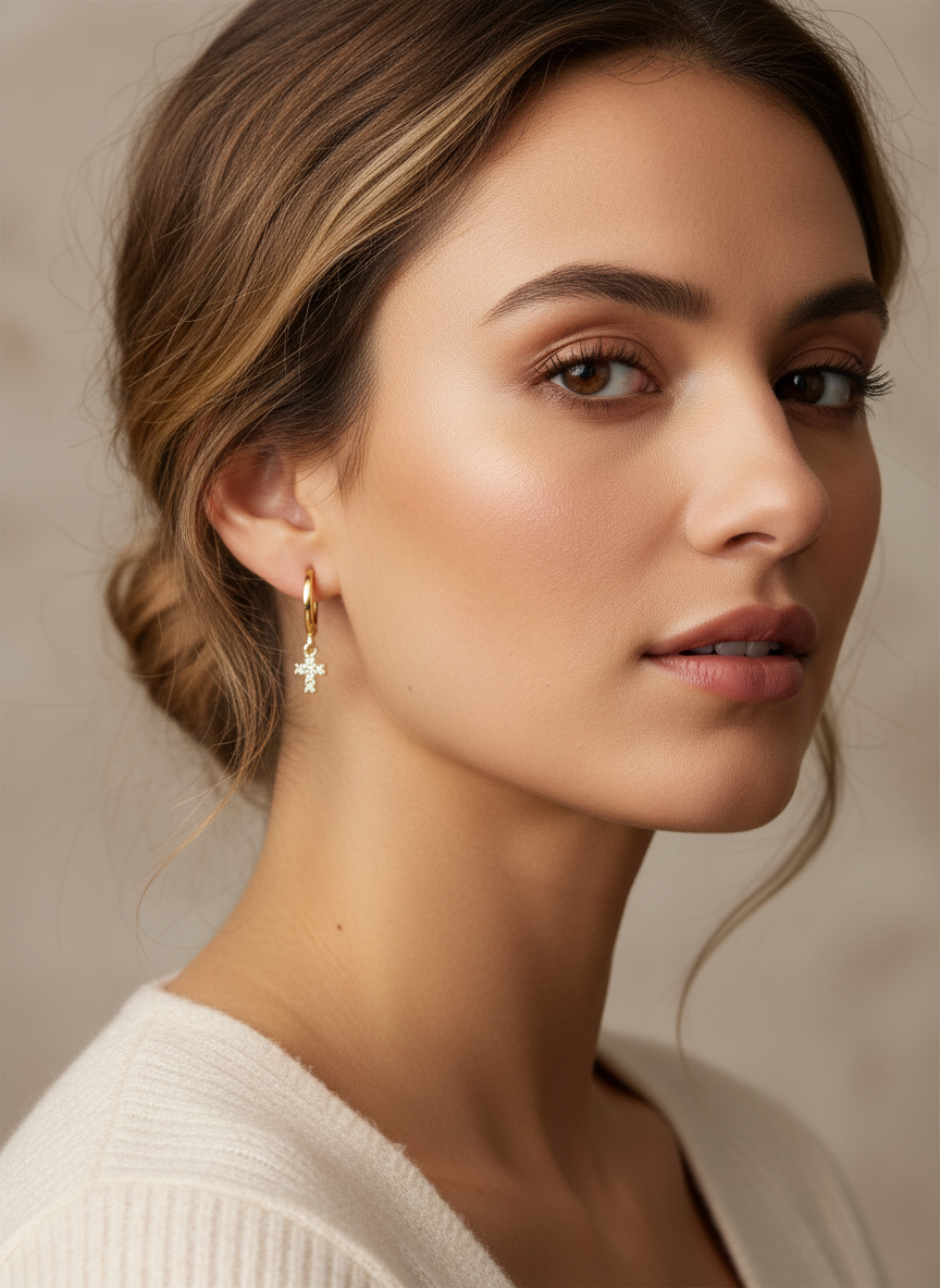 Close-up of a model wearing Divine Huggies from Gracie Rose Creative, showcasing the lightweight gold earrings with a shimmering cross charm.