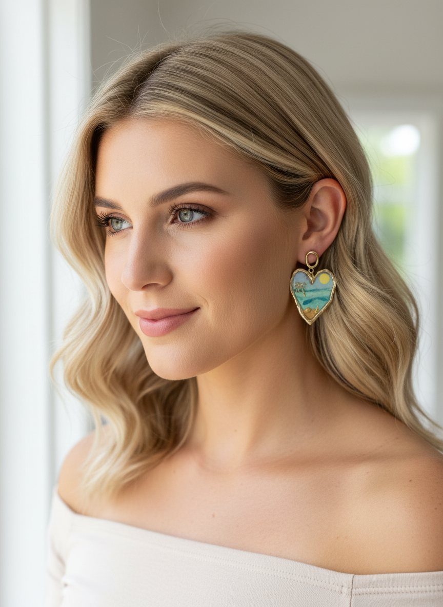Model wearing Ocean Crush Hearts earrings by Gracie Rose Creative, showcasing the beautiful handmade design against a natural backdrop.