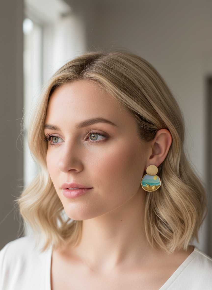 Woman wearing Mini Beach Day Bliss earrings by Gracie Rose Creative, highlighting the unique coastal design and vibrant colors against a soft, neutral background.