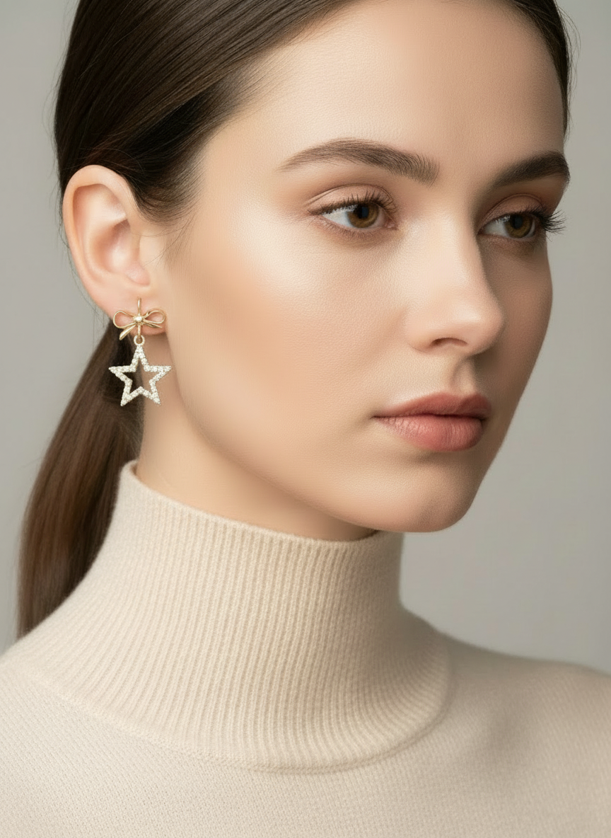 Model showcasing Starlight Baubles earrings by Gracie Rose Creative, highlighting the elegant star and bow design.
