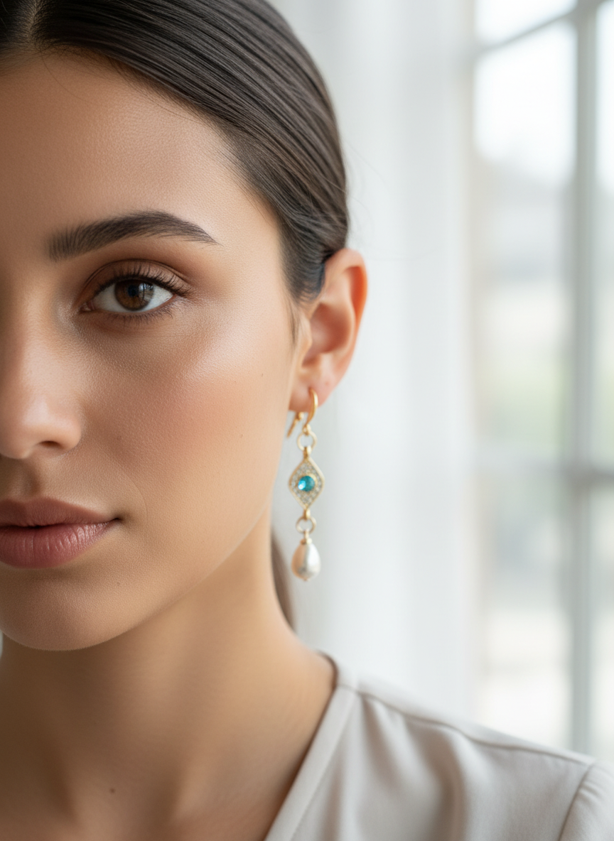 Close-up of Evil Eye Pearl Drops showcasing the detailed crystal eye and lightweight design, ideal for casual and special occasions.