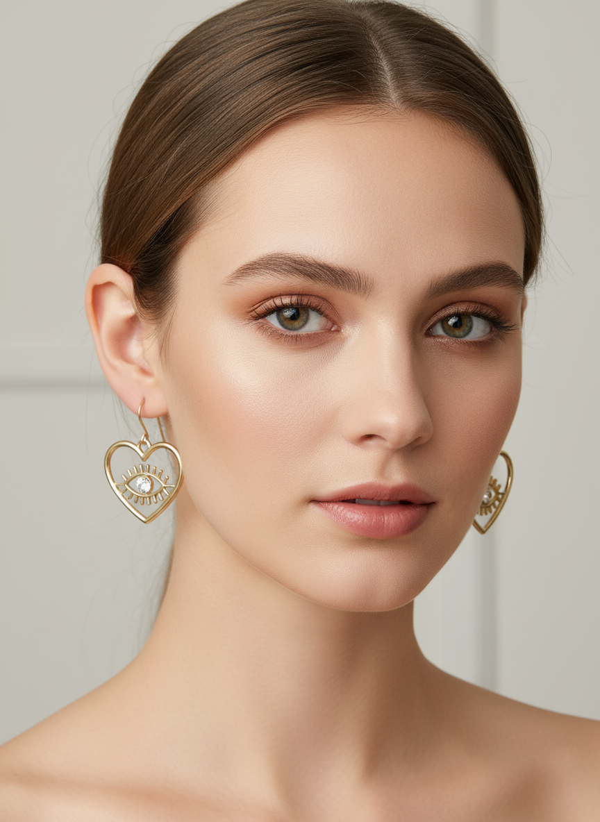 Eternal Eye Heart Earrings featuring a sparkling diamanté evil eye design, gold-plated for a touch of elegance and style.