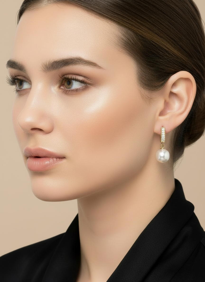 Close-up of a model wearing Pearl Swing Huggies by Gracie Rose Creative, showcasing the elegant pearl drop design and sparkling gold accents.