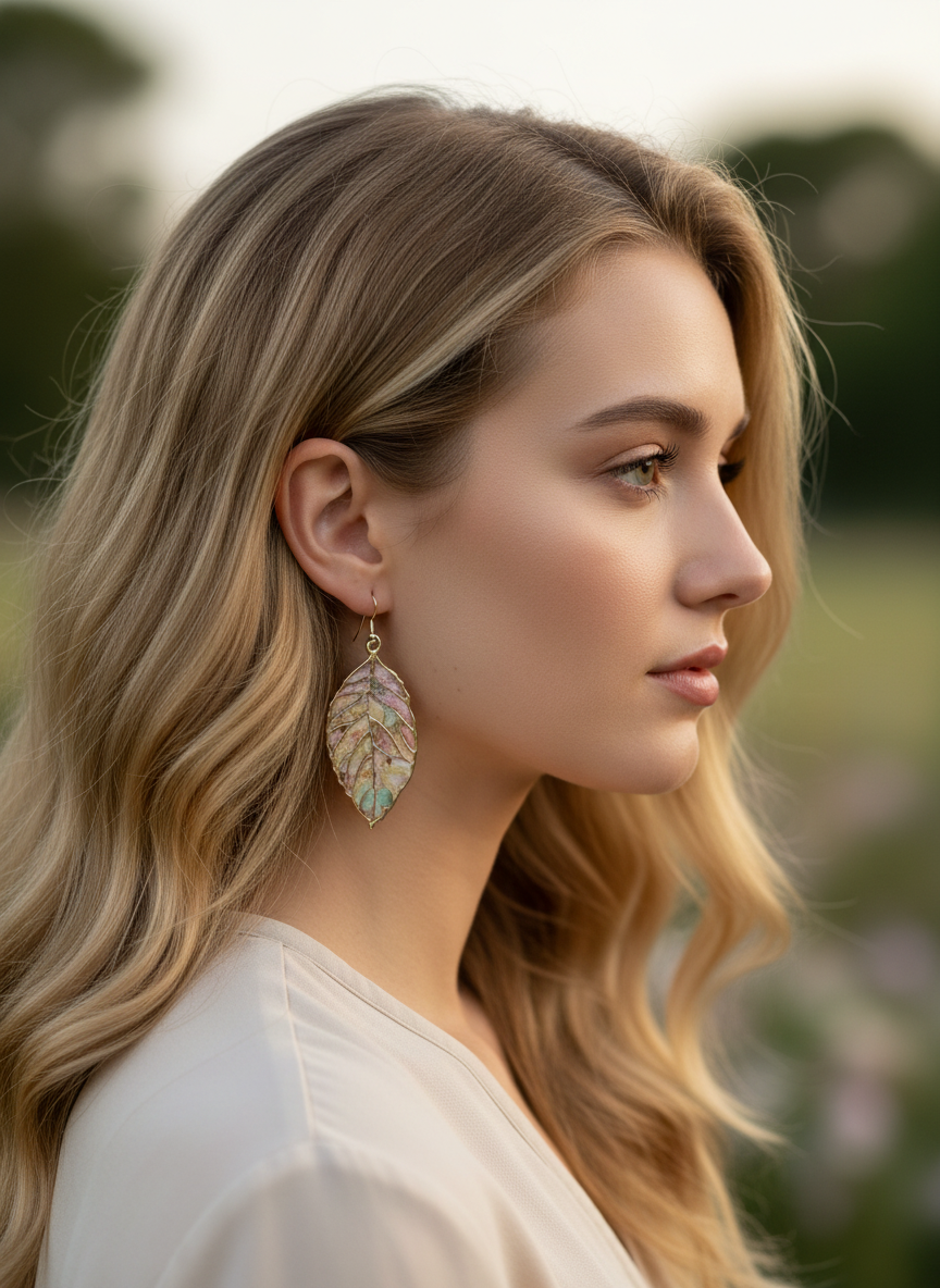 Stylish Gilded Leaves pastel earrings displayed against a natural background highlighting their lightweight and elegant design.
