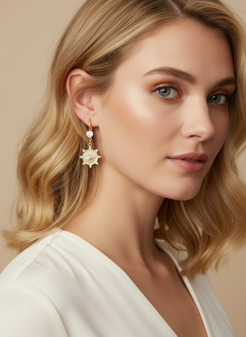 Close-up of Eternal Love Evil Eye Drop Earrings showing the crystal embellishments and detailed design.
