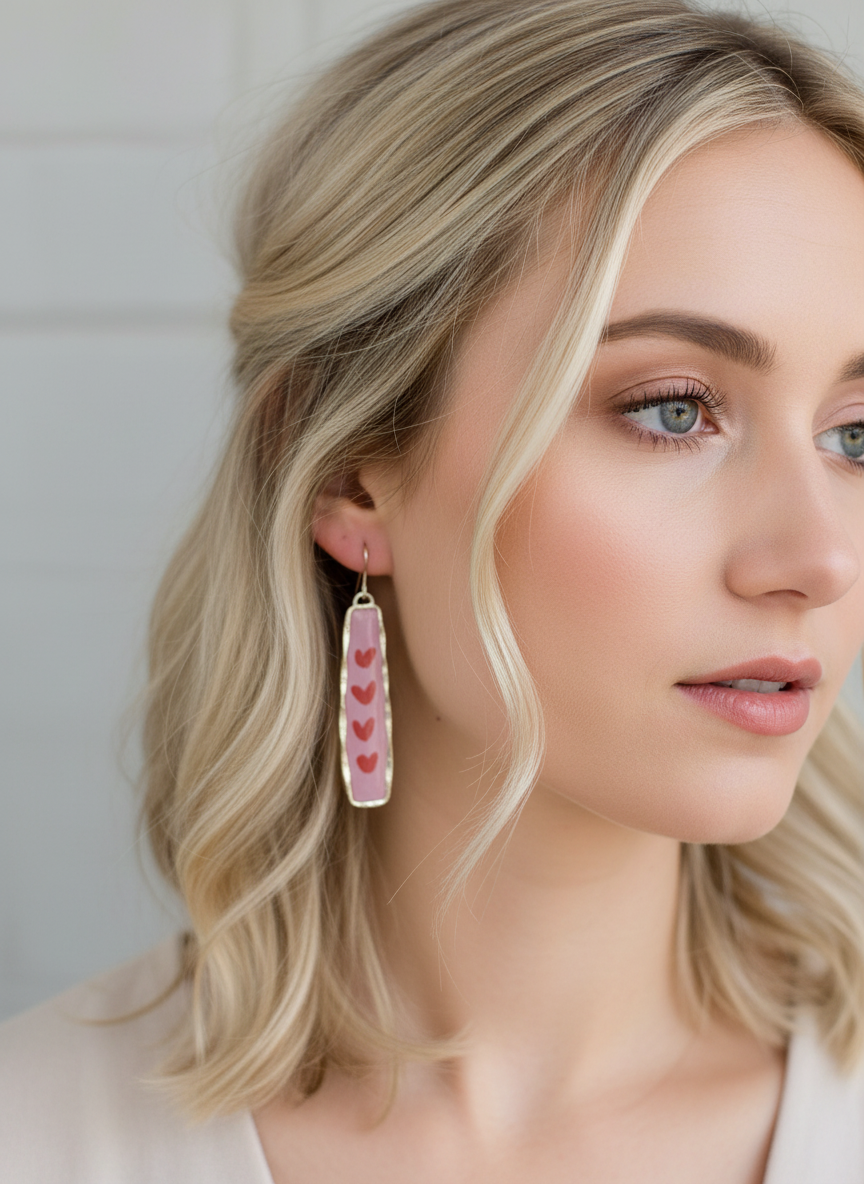 Close-up view of 'Endless Love' pink earrings, showcasing their unique handmade design with charming red heart details.