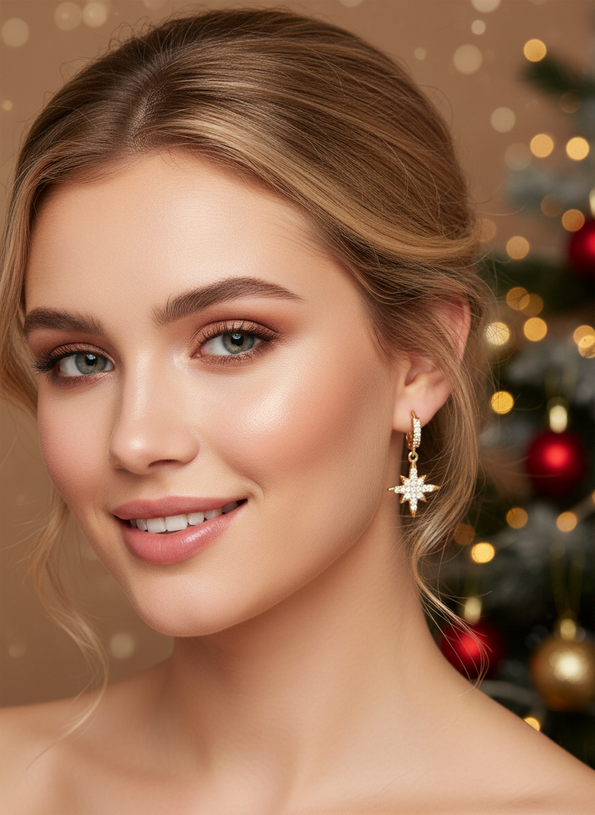 A model wearing North Star Huggies earrings by Gracie Rose Creative, showcasing a starburst design that adds a cosmic sparkle to her look.