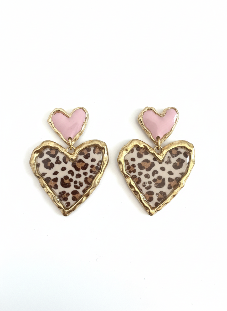 Cross Your Heart earrings in pastel pink leopard design by Gracie Rose Creative, featuring a chic double heart design and gold-toned accents.