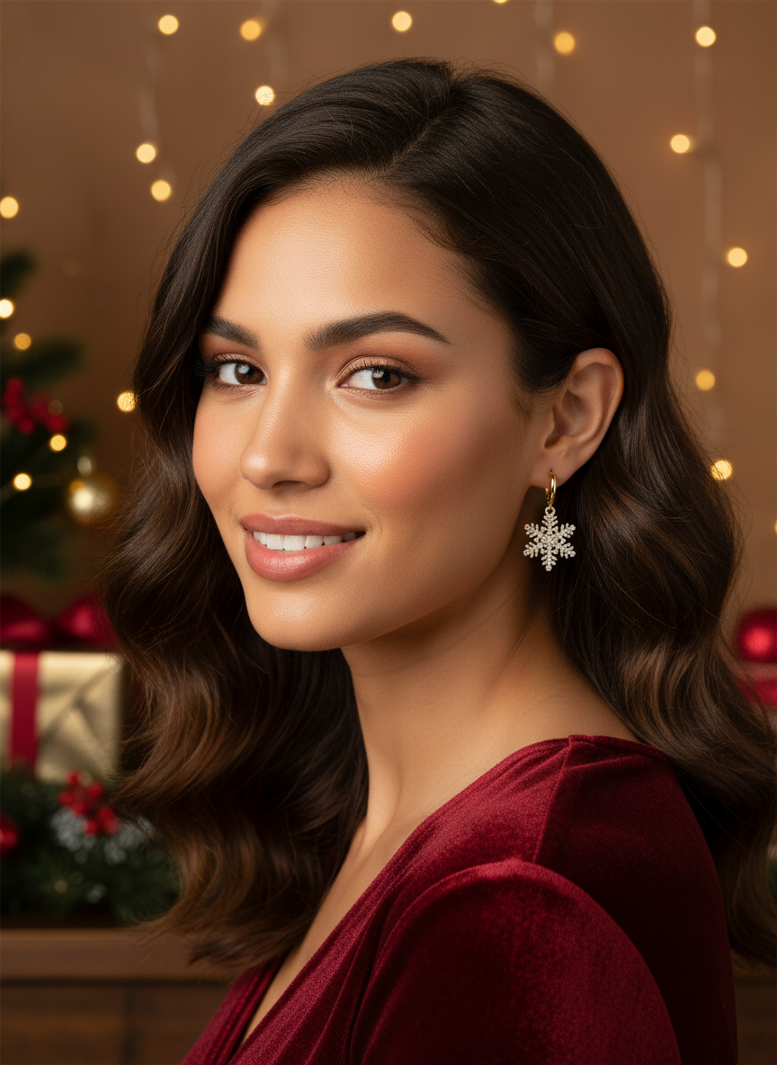 A model wearing Sparkle Snowflake Huggies by Gracie Rose Creative, showcasing the gold snowflake earrings in a festive holiday setting.