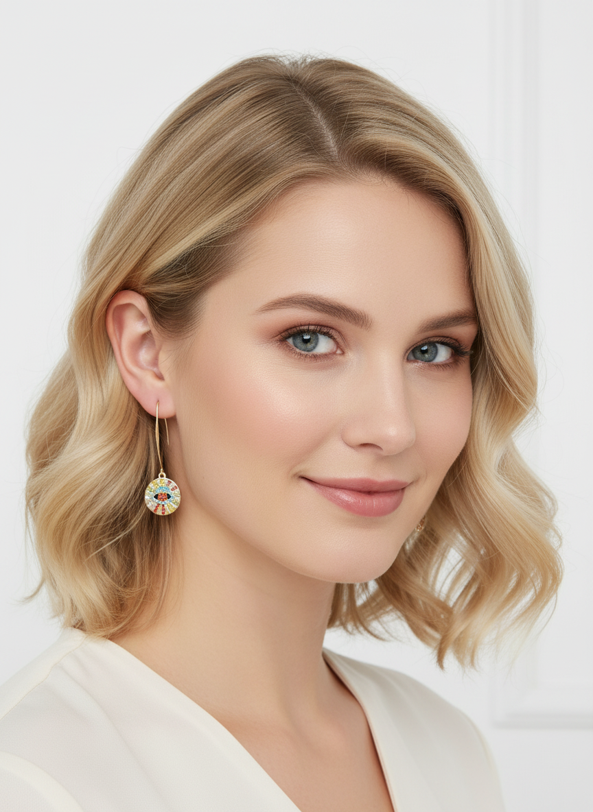 Model wearing Prism Protector Earrings by Gracie Rose Creative, showcasing vibrant multicolour crystal evil eye charm and gold-toned threader hooks.