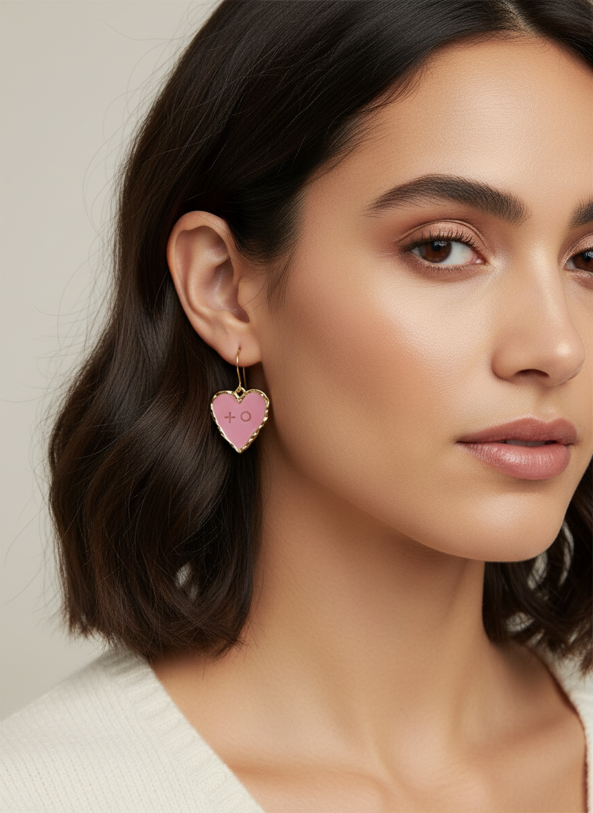 Close-up view of the Mini XOXO earrings in pink, highlighting the unique handmade details and charm.