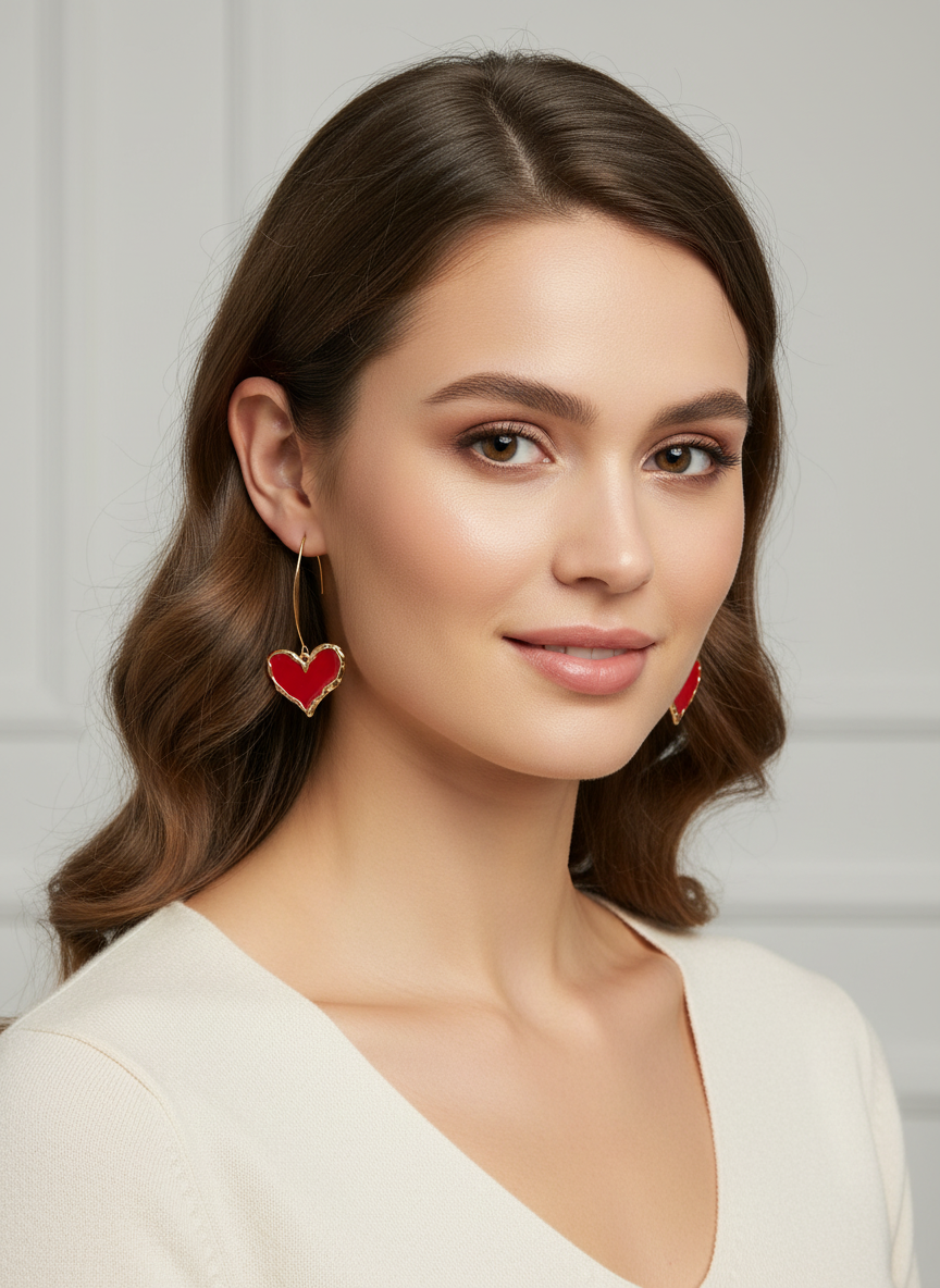 Model wearing Love Struck Hearts red heart earrings, featuring a glossy look and gold-tone hooks, by Gracie Rose Creative.