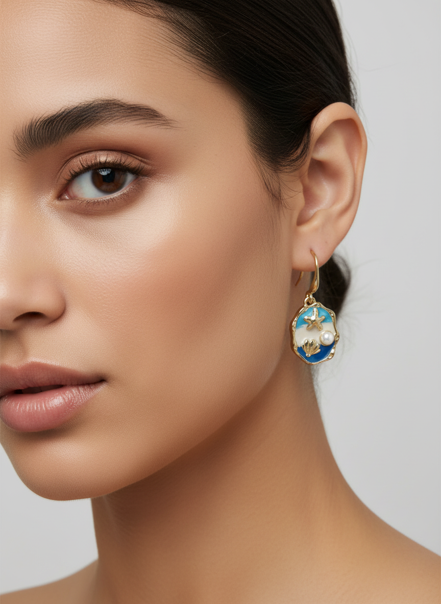 A model showcasing The Blue Horizon earrings by Gracie Rose Creative, highlighting the ocean-blue enamel, pearl, and starfish design.
