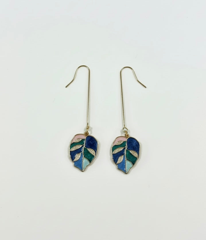Delicate Blue Bloom Leaves earrings by Gracie Rose Creative, featuring layered shades of blue with subtle gold accents. Perfect for everyday wear.