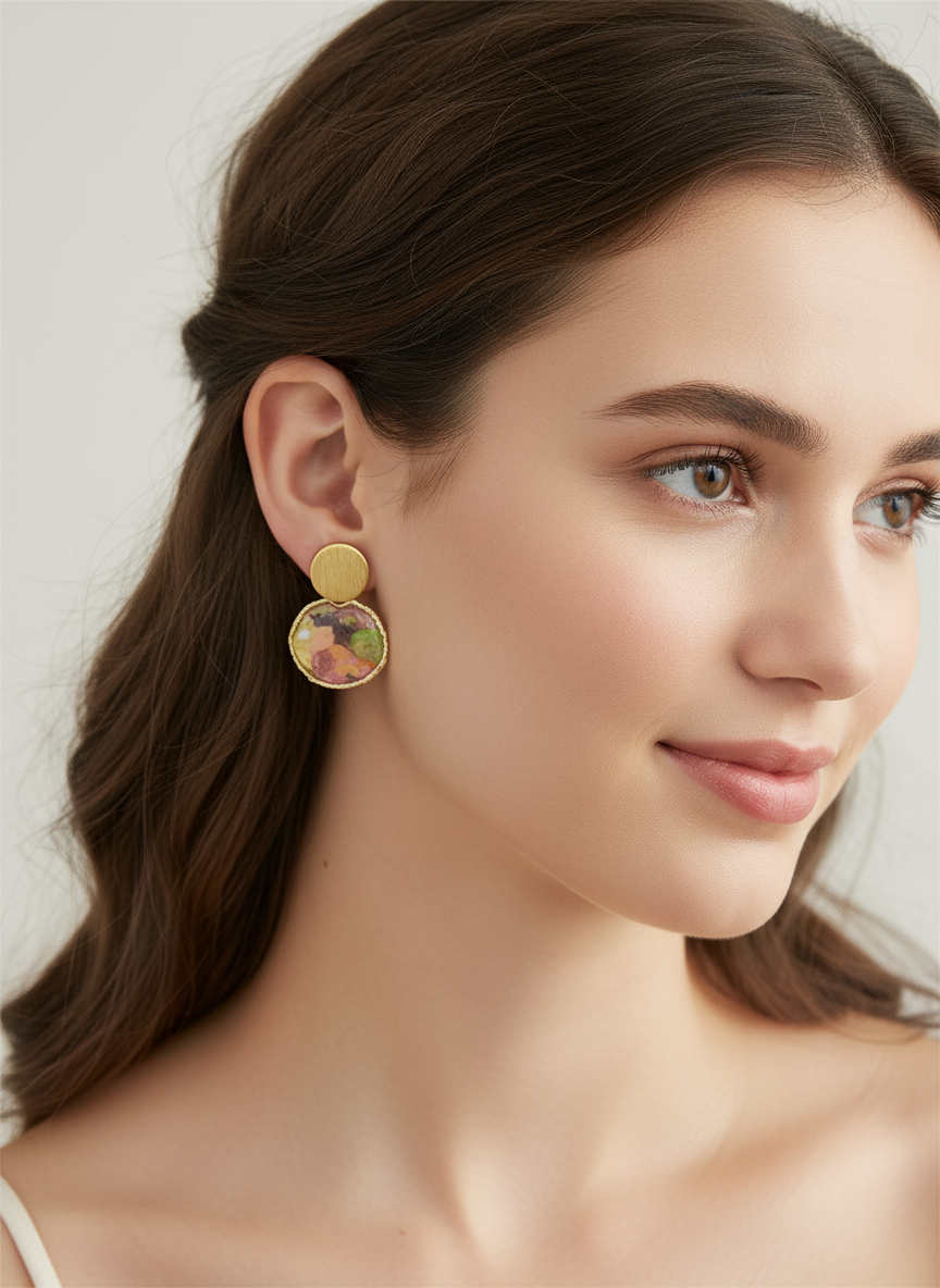 Close-up of Golden Bloom Mini Studs showcasing unique polymer clay and resin detail.