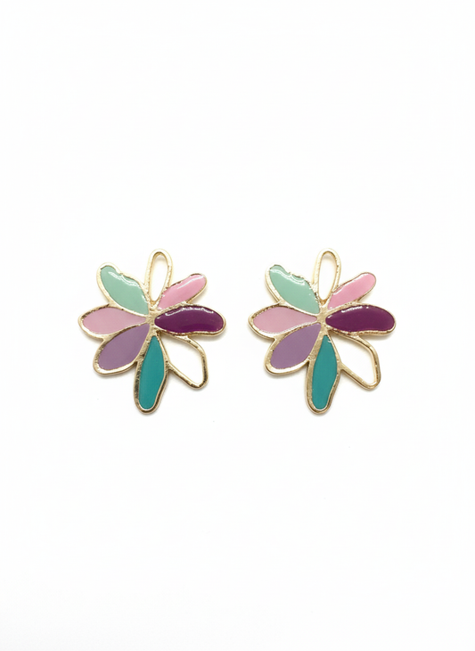Fleur de Lune earrings showcasing vibrant floral design in pastel and bold tones, handcrafted from polymer clay and resin.