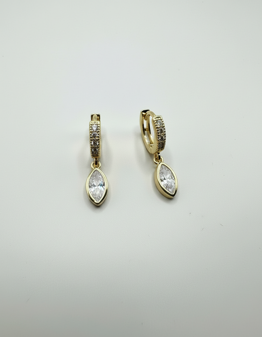 Close-up view of the Halo Drop Huggies by Gracie Rose Creative, highlighting the pavé-set huggie and marquise-cut crystal drop design.