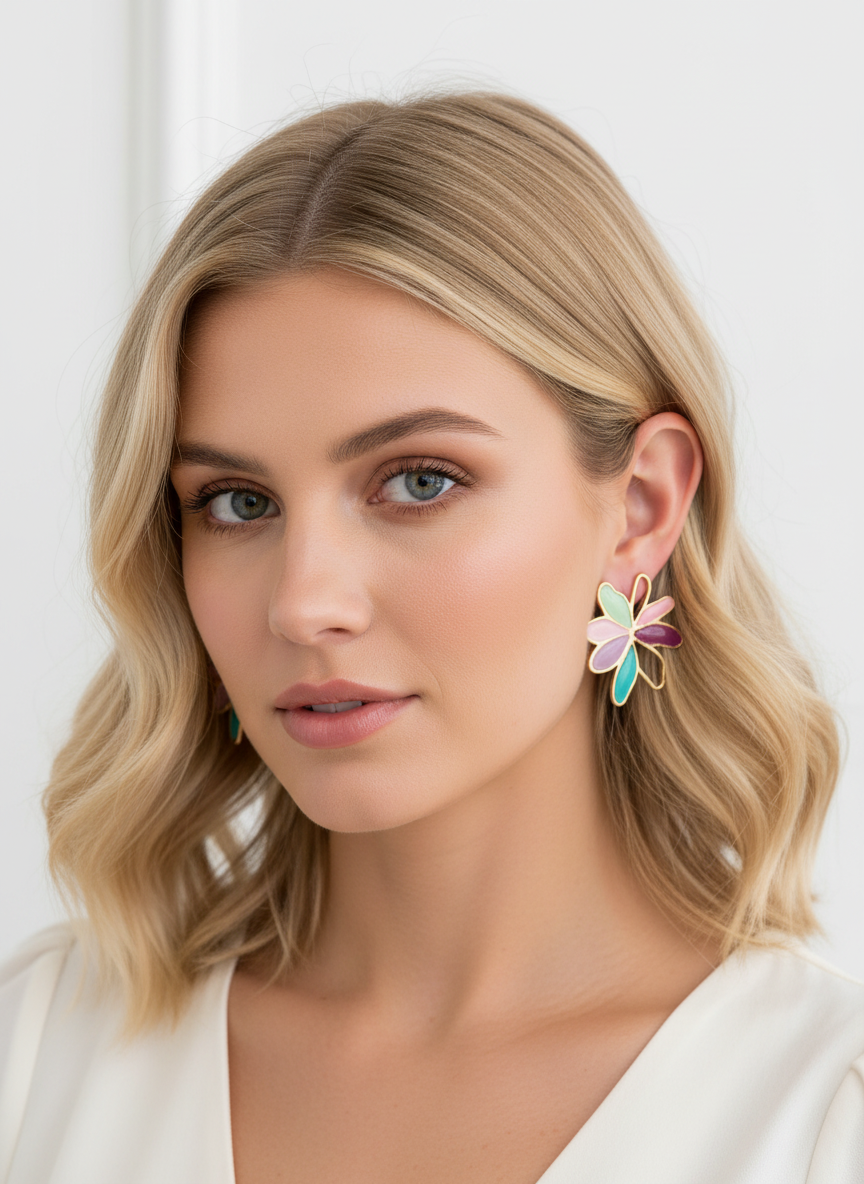 Close-up of Fleur de Lune earrings highlighting unique multi-colour petal detailing and delicate gold-tone outline.