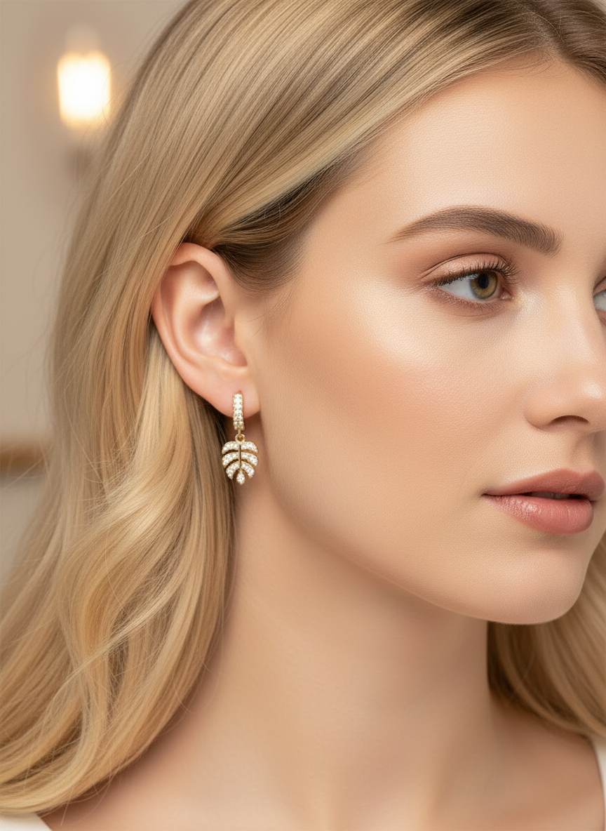 Close-up of a model wearing Monstera Shine Huggies by Gracie Rose Creative, showcasing the intricate design and luxurious gold finish of the earrings against a soft background.