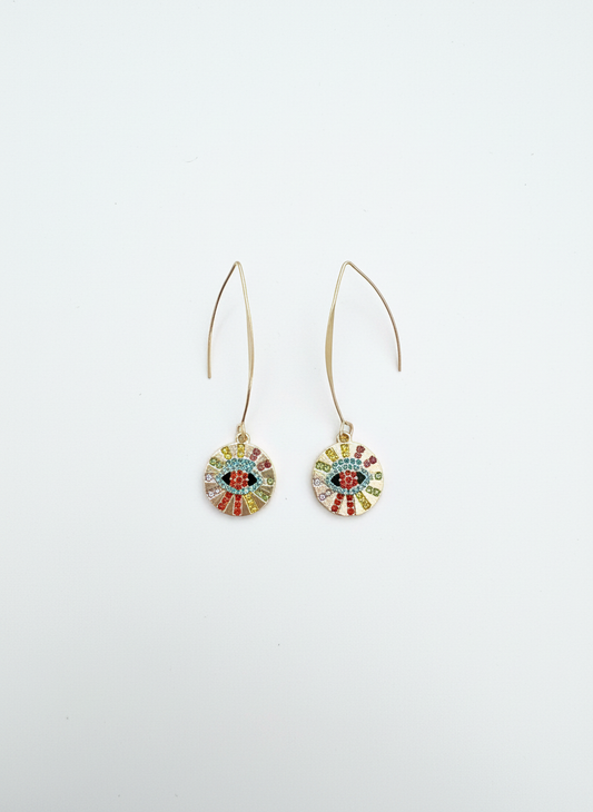 Stylish Prism Protector Earrings by Gracie Rose Creative featuring multicolour crystal evil eye charm on gold-toned threader hooks, perfect for adding a playful yet luxe touch to any outfit.