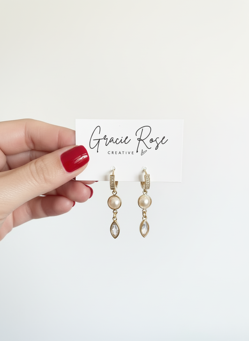 Handmade Pearl Luxe Drops earrings by Gracie Rose Creative, featuring elegant huggie design with luminous pearls and sparkling crystal drops, perfect for adding refined shine to any outfit.