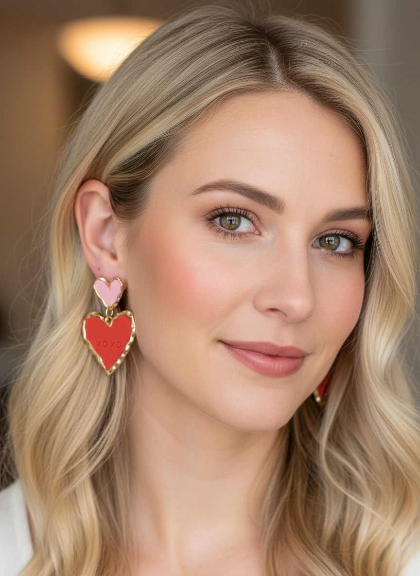 Double Sweetheart in Pink & Red earrings by Gracie Rose Creative featuring a layered heart-within-a-heart design, perfect for romantic occasions.