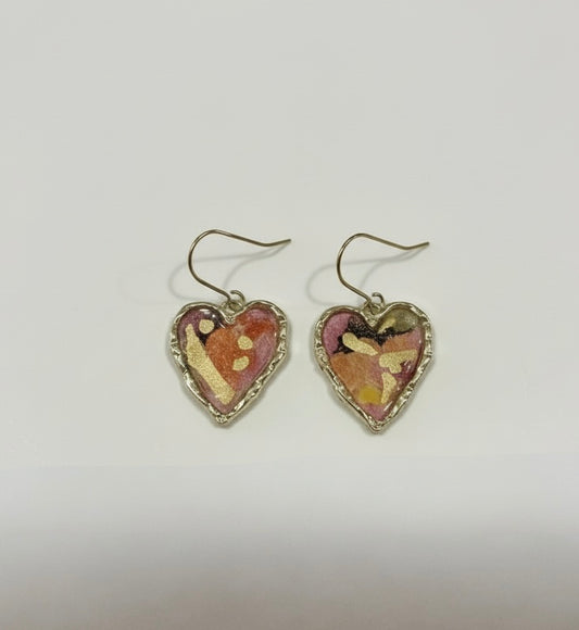 Handmade heart earrings by Gracie Rose Creative, featuring a soft mosaic of pinks and oranges with gold detailing. These unique Rosé Hearts earrings are lightweight and perfect for adding a pop of color to any outfit.