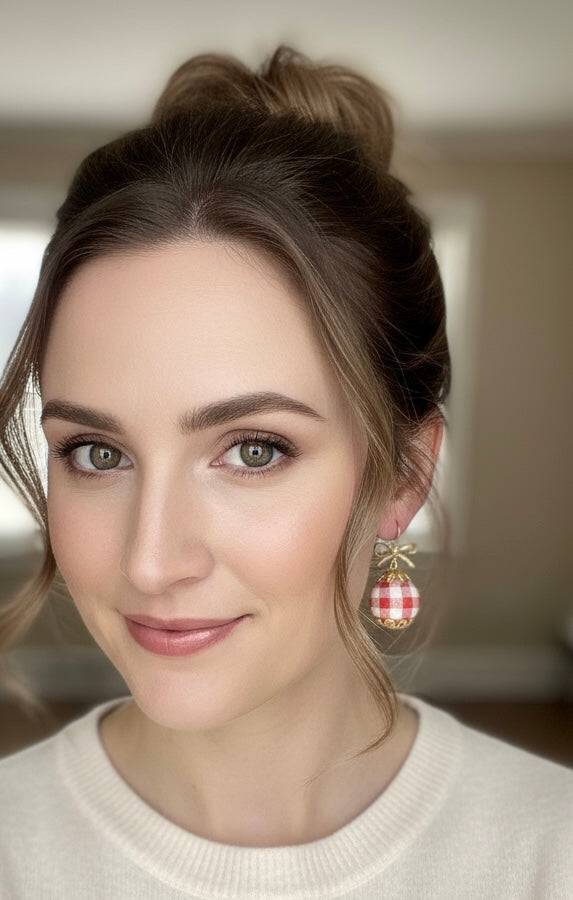 Model wearing Gingham Baubles red earrings by Gracie Rose Creative, highlighting the playful design and feminine flair.
