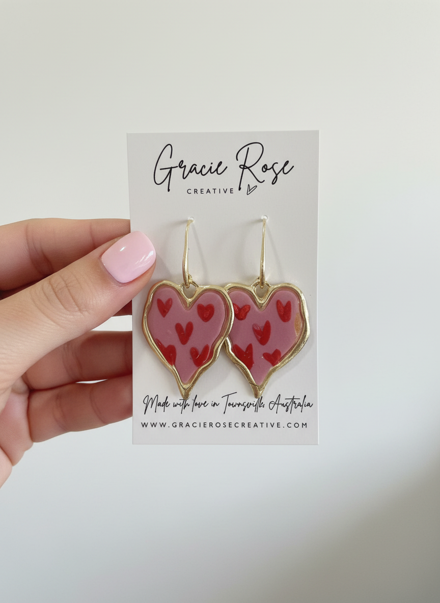 Close-up of Big love earrings, highlighting the handmade craftsmanship by Gracie Rose Creative, measuring 5.5 cm in drop length.