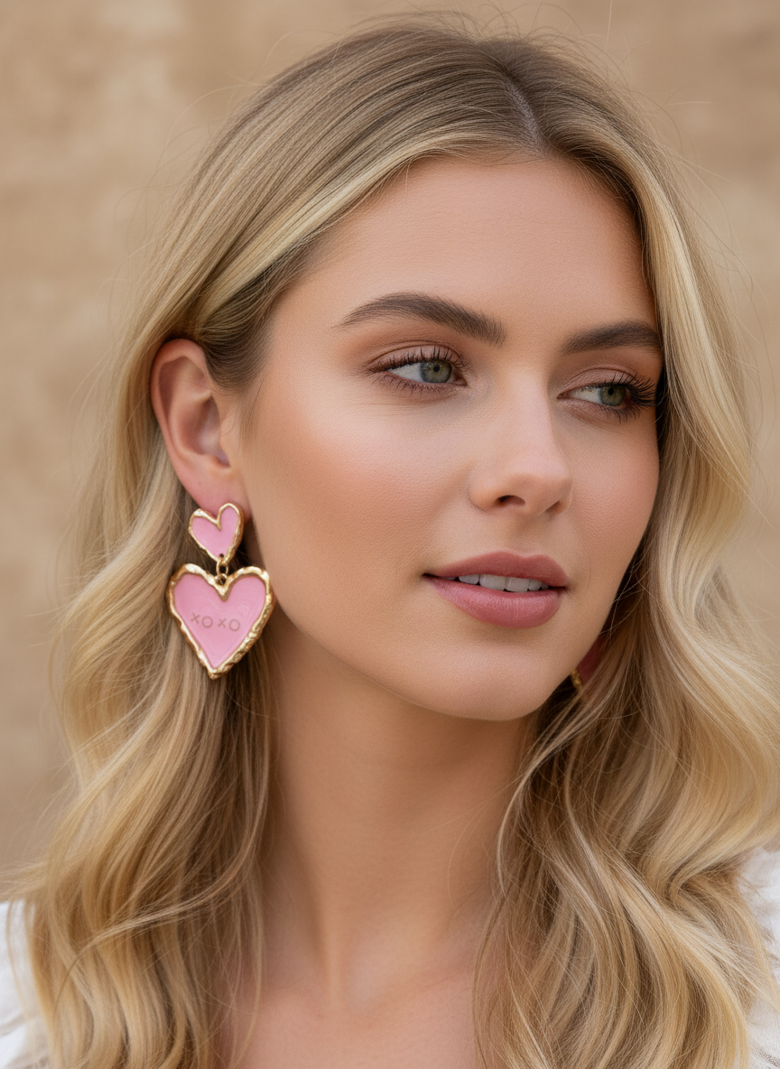 Stylish Double Sweetheart in Pink earrings handcrafted from polymer clay with a glossy resin finish, perfect for romantic occasions.