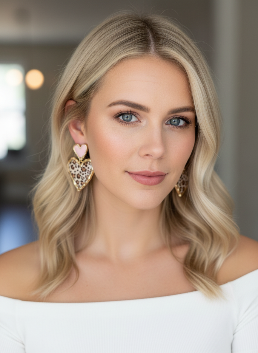 Close-up of Cross Your Heart earrings showcasing the soft blush pink top heart and striking leopard print drop.