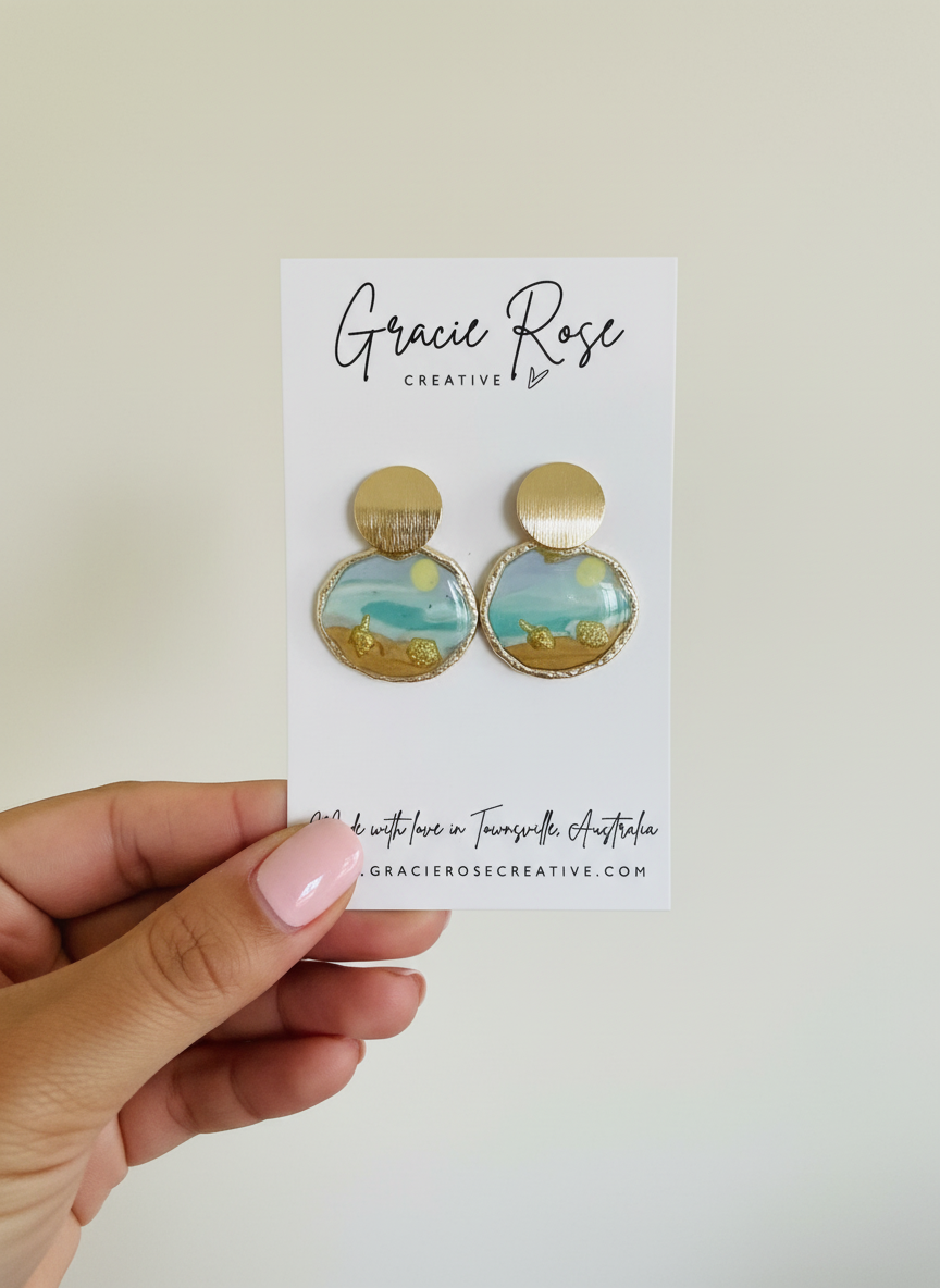 Mini Beach Day Bliss earrings by Gracie Rose Creative displayed on a branded card, featuring a stunning beach-inspired design made from polymer clay.
