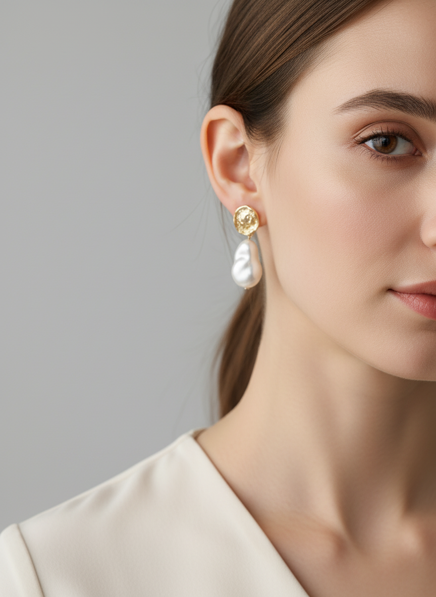Close-up of Amour Drop earrings showcasing the luxe gold plated alloy and unique man-made pearls. gold pearl earrings, pearl drop earrings Australia, elegant earrings, handmade earrings Australia, gold drop earrings, pearl jewellery, timeless earrings, bridal earrings, minimalist gold earrings, Gracie Rose Creative earrings