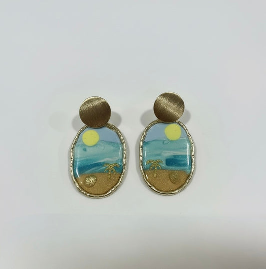 Handmade polymer clay earrings titled 'Hello Sunshine' by Gracie Rose Creative, featuring a tropical design with palm trees, blue waves, and a golden sun.