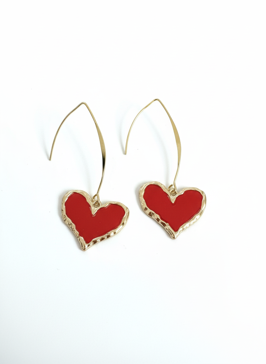Love Struck Hearts handmade red heart earrings with glossy finish and gold-tone hooks by Gracie Rose Creative.