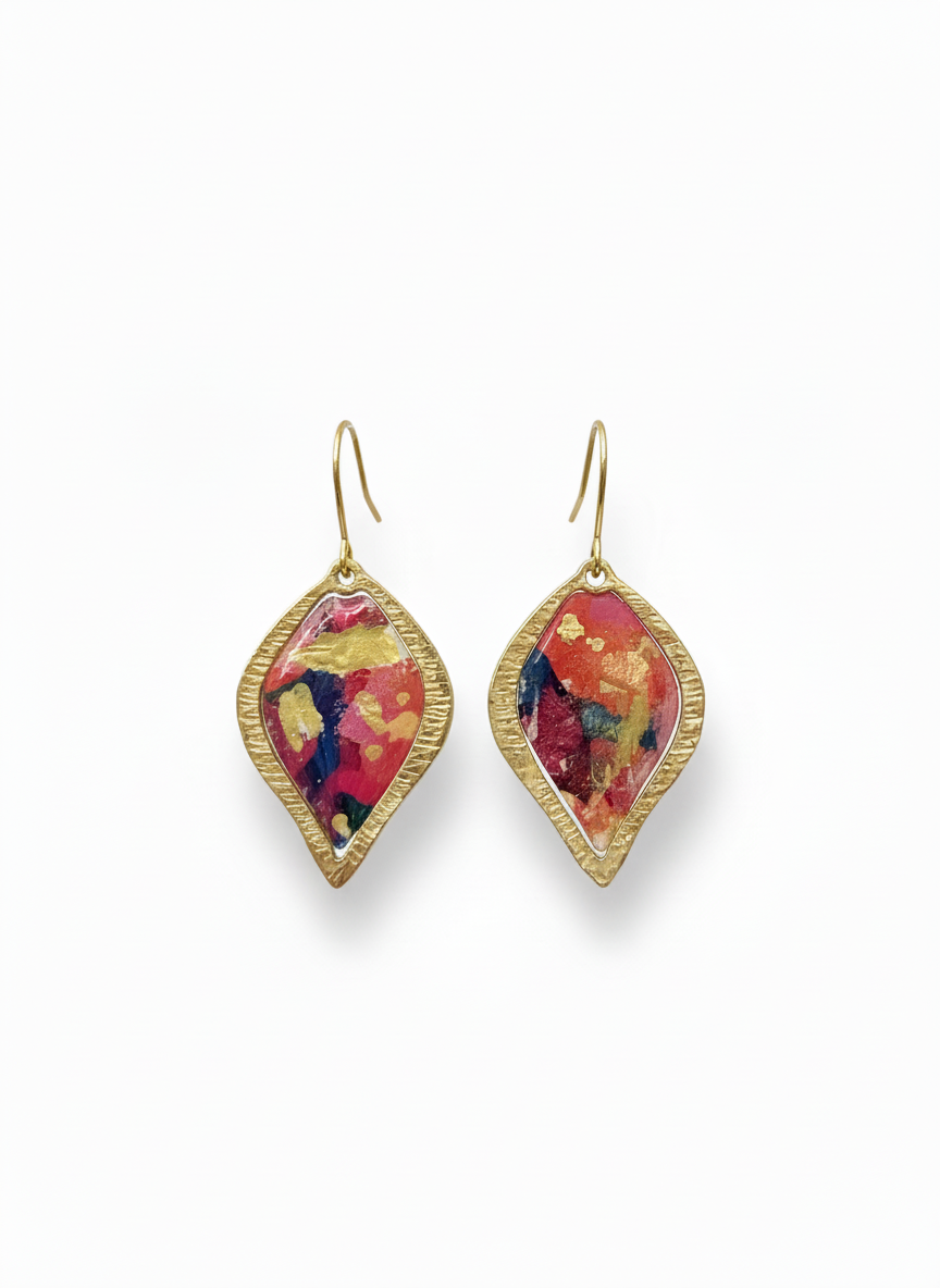 Handmade Festival Petals earrings by Gracie Rose Creative featuring vibrant colors and a golden frame, perfect for adding a bold touch to any outfit.