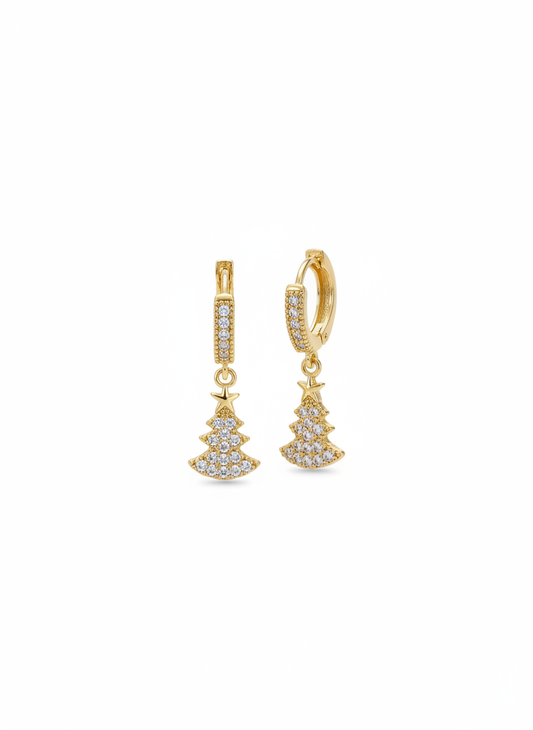 Twinkle Tree Huggies by Gracie Rose Creative featuring elegant gold-plated huggie earrings adorned with sparkling diamantés shaped like Christmas trees.