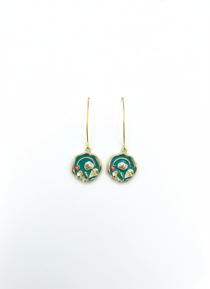 Close-up of Heirloom Bloom earrings by Gracie Rose Creative, highlighting the vintage floral design with rich teal and gold colors.
