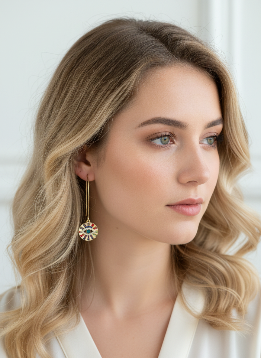 A model wearing Rainbow Evil Eye Drop Earrings by Gracie Rose Creative, featuring a close-up view of the earrings with vibrant colors and a turquoise center, perfect for any occasion.