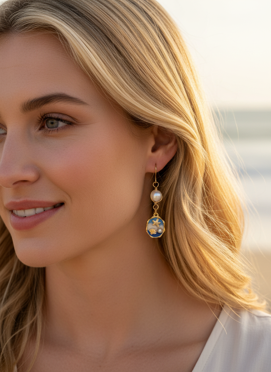 Model wearing Siren Pearl drops earrings by Gracie Rose Creative, showcasing coastal charm with pearls and gold details against a beach backdrop.