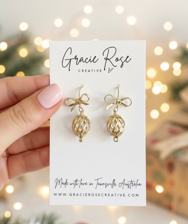 The Golden Baubles earrings by Gracie Rose Creative displayed on a branded card, made with love in Australia.