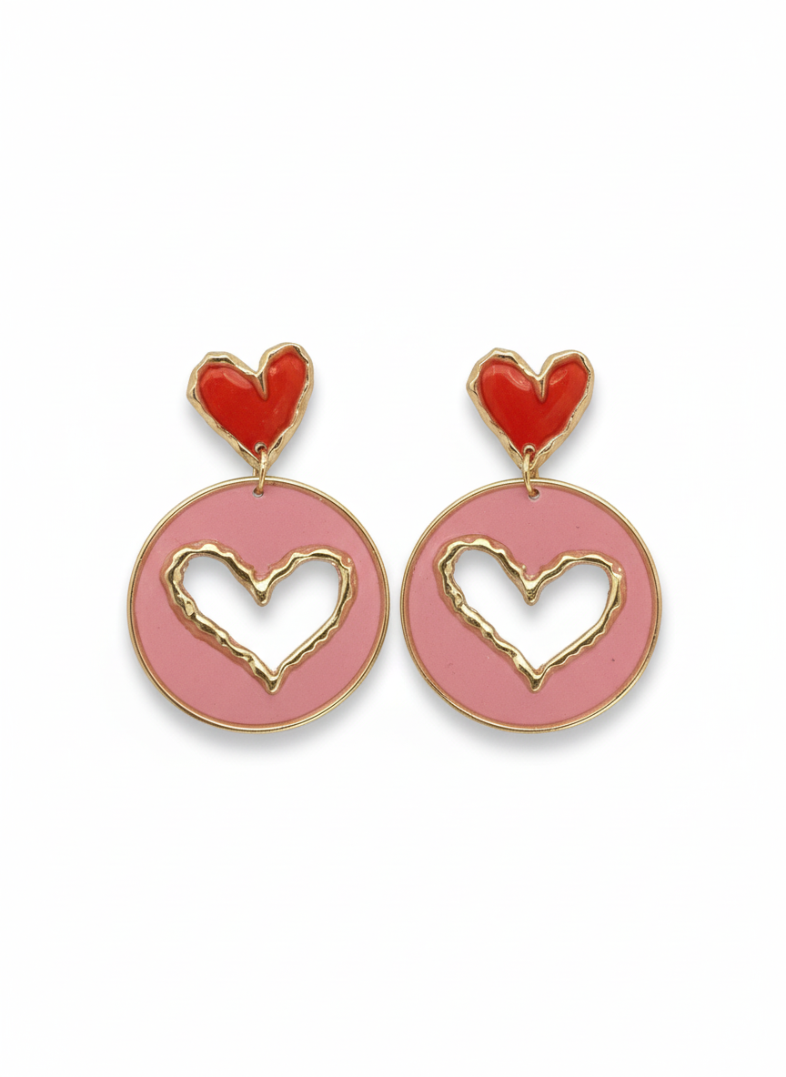 Close-up of pink circle earrings featuring gold heart cut-outs and red heart stud, crafted by Gracie Rose Creative - Candy Hearts 2.0.