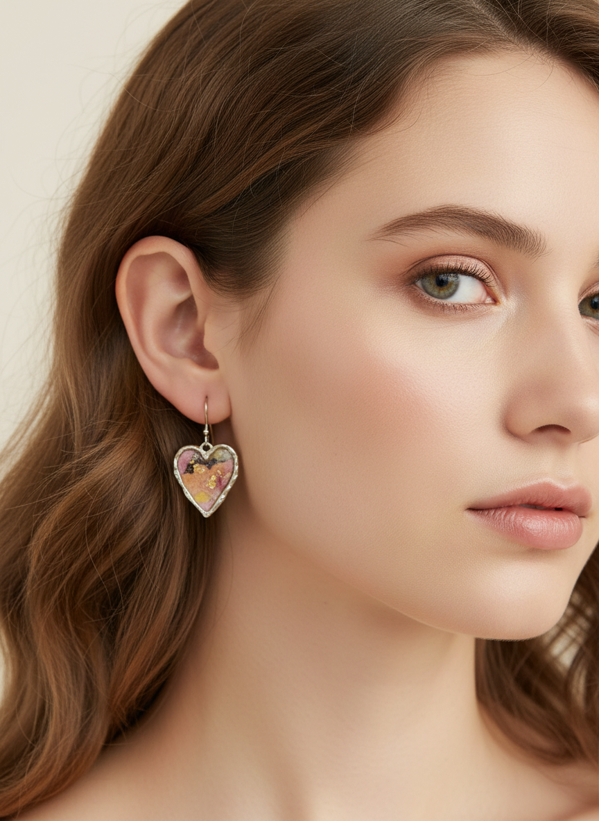 Close-up of a model wearing Rosé Hearts earrings by Gracie Rose Creative, showcasing a soft mosaic of pinks and oranges with gold detailing.