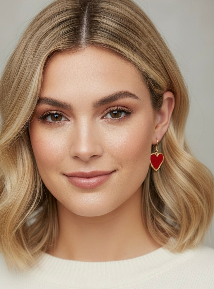 Close-up of Mini XOXO in red earrings, featuring unique xoxo stamping and crafted with love from polymer clay.