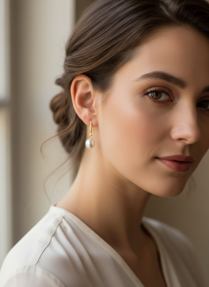 A model elegantly showcasing The Heiress Pearl earrings by Gracie Rose Creative, highlighting the pearl drop design and gold-tone hooks.