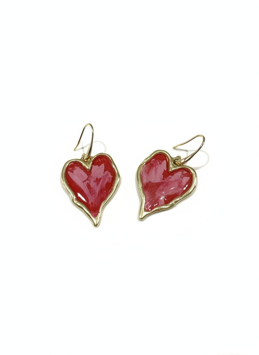 Handmade Red Hot Hearts earrings with a lustrous red finish and gold detailing, perfect for Valentine's Day gifts.